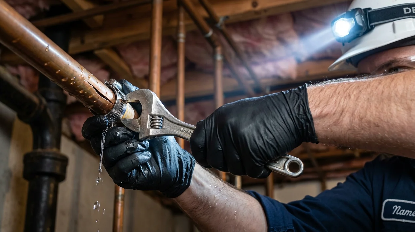 Emergency pipe clamp repair being performed by a Johns Plumbing LLC plumber in Frenchtown