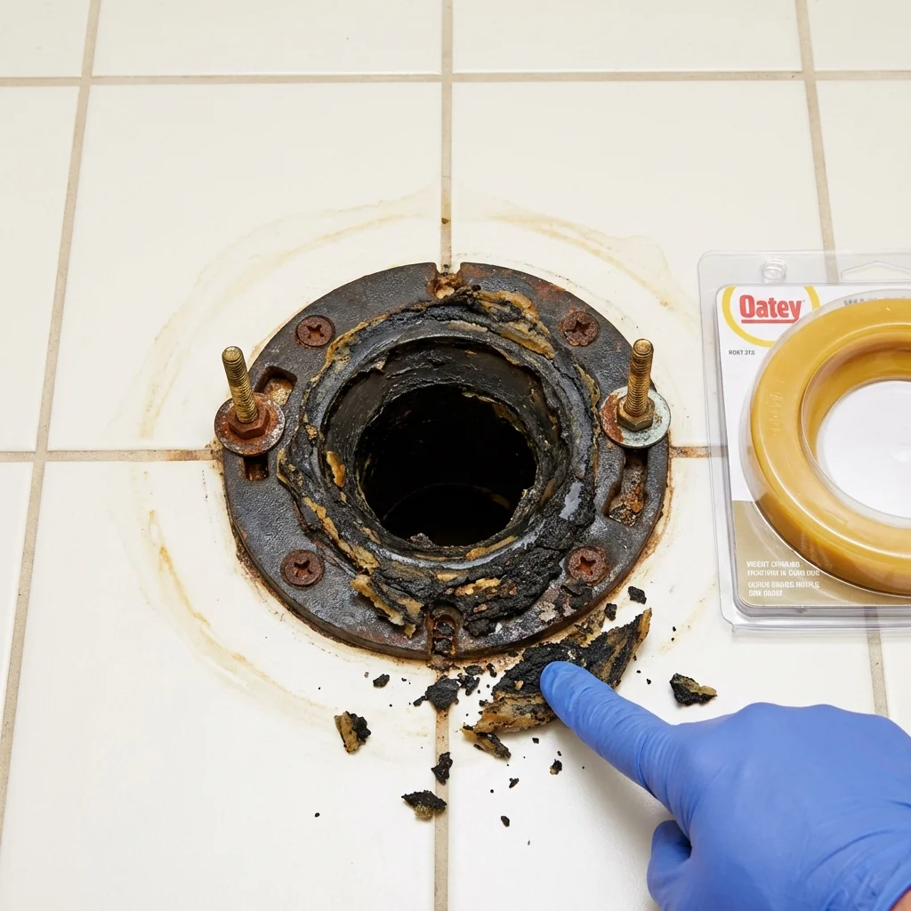 Failed wax ring showing water seepage at the base of a toilet in a Frenchtown, MT home